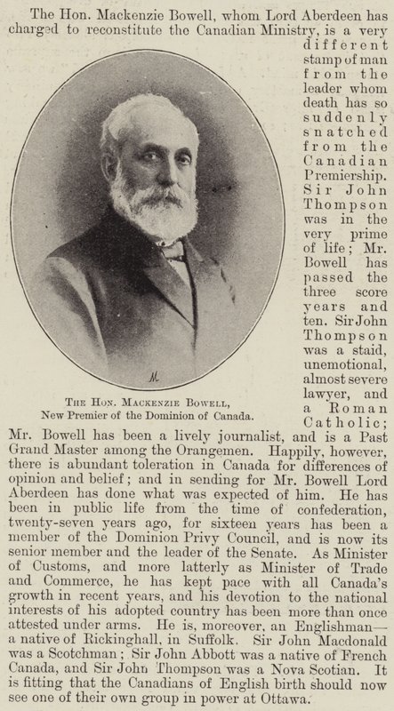 De Honourable Mackenzie Bowell, nieuwe premier van het Dominion van Canada door English Photographer