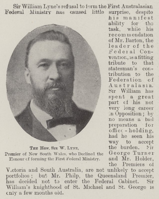 De eerwaarde Sir W. Lyne, premier van New South Wales, die de eer weigerde om het eerste federale ministerie te vormen door English Photographer
