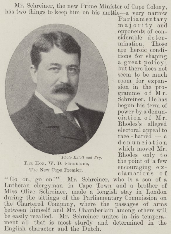 De eerwaarde W D Schreiner, de nieuwe premier van Kaap door English Photographer