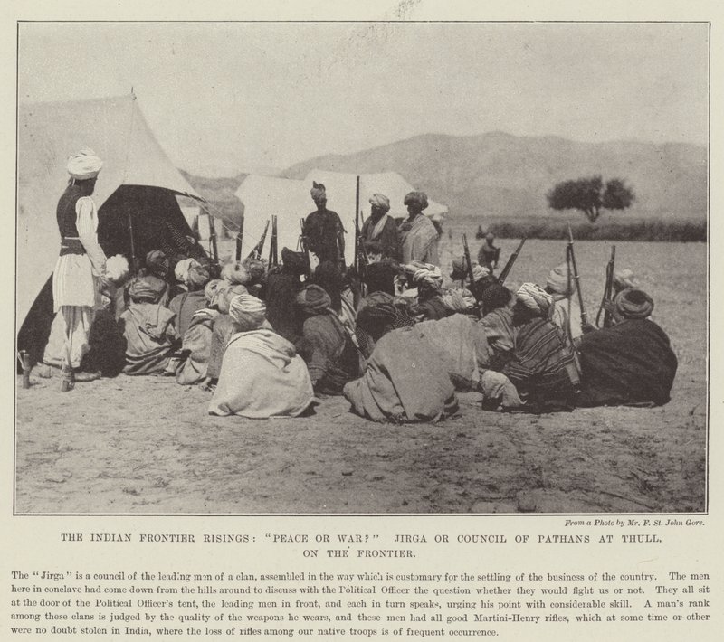 De Indiase grensopstanden, vrede of oorlog? Jirga of Raad van Pathanen in Thull, aan de grens door English Photographer