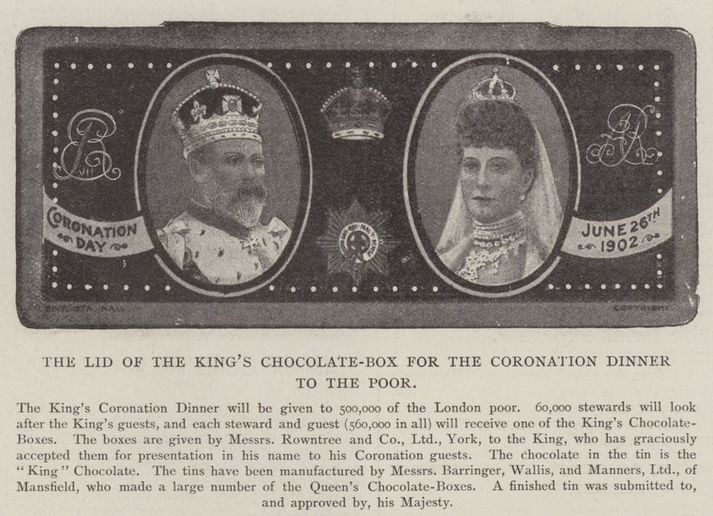 Het deksel van de chocoladedoos van de koning voor het kroningsdiner voor de armen door English Photographer