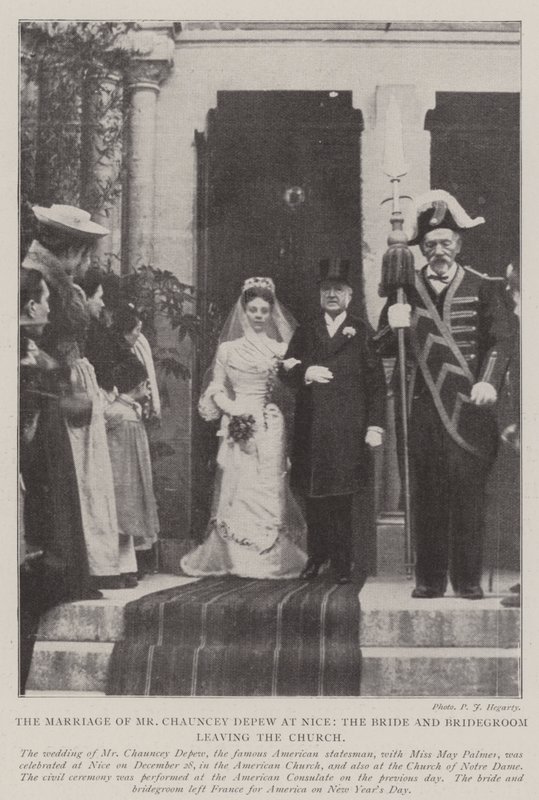 Het huwelijk van de heer Chauncey Depew in Nice, de bruid en bruidegom verlaten de kerk door English Photographer