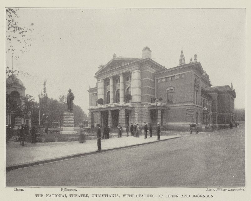 Het Nationale Theater, Christiania, met standbeelden van Ibsen en Bjornson door English Photographer
