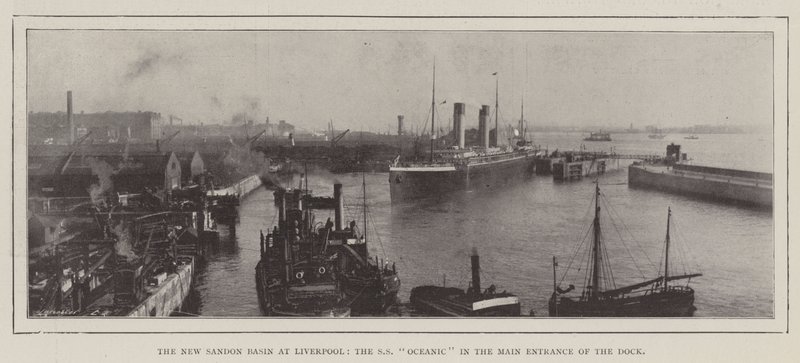 Het nieuwe Sandon Basin in Liverpool, de SS Oceanic in de hoofdingang van het dok door English Photographer