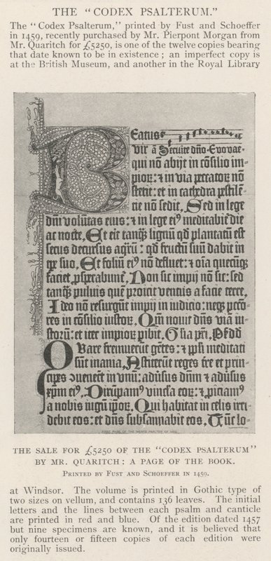De verkoop voor £5250 van de Codex Psalterum door Mr Quaritch, een pagina van het boek door English Photographer