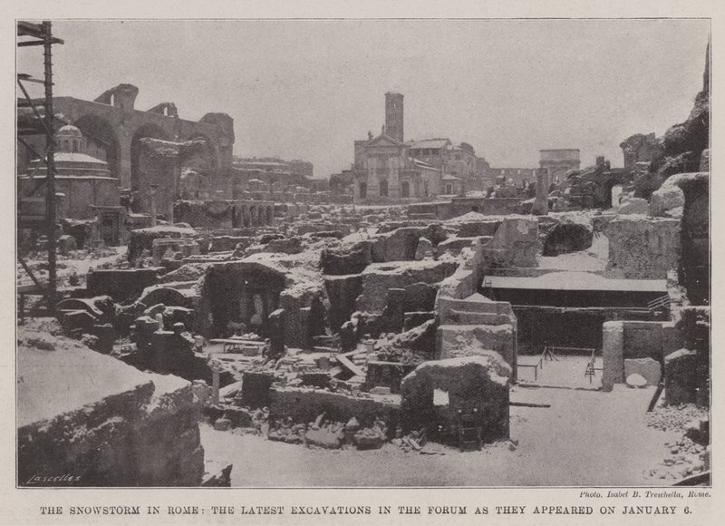 De sneeuwstorm in Rome, de laatste opgravingen in het Forum zoals ze verschenen op 6 januari door English Photographer