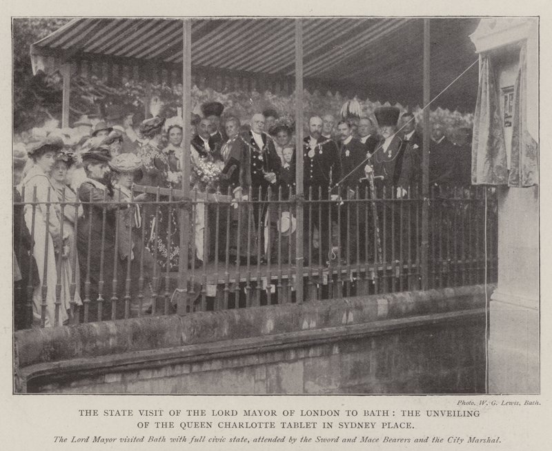 Het staatsbezoek van de burgemeester van Londen aan Bath, de onthulling van de Queen Charlotte-tablet in Sydney Place door English Photographer