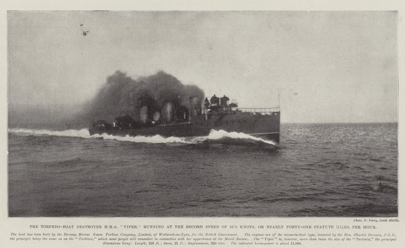 De Torpedobootvernietiger HMS Viper, rennend met de recordsnelheid van 35,5 knopen, of bijna veertig-en-een mijl per uur door English Photographer