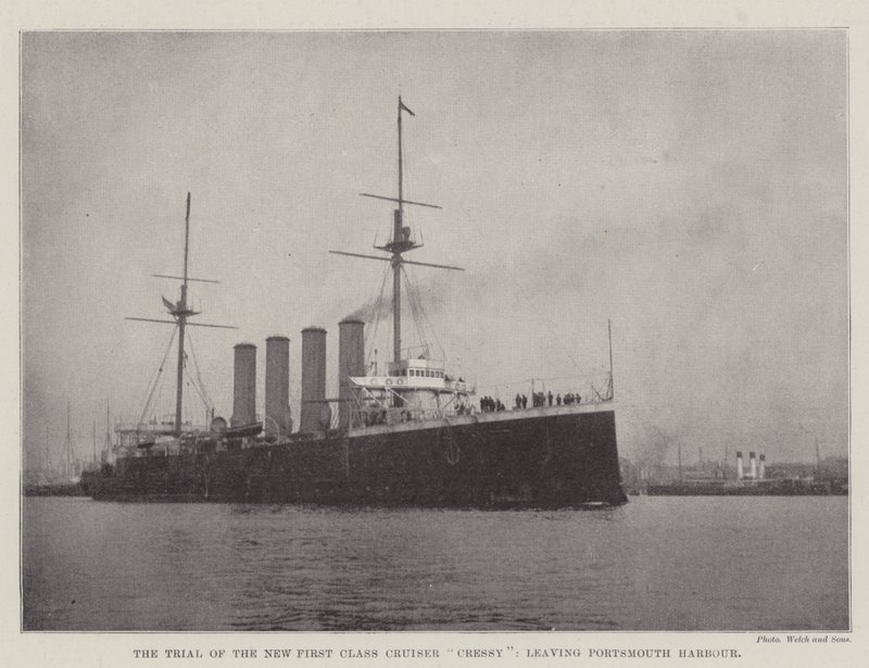 De proefvaart van de nieuwe eersteklas kruiser Cressy, vertrekkend uit de haven van Portsmouth door English Photographer