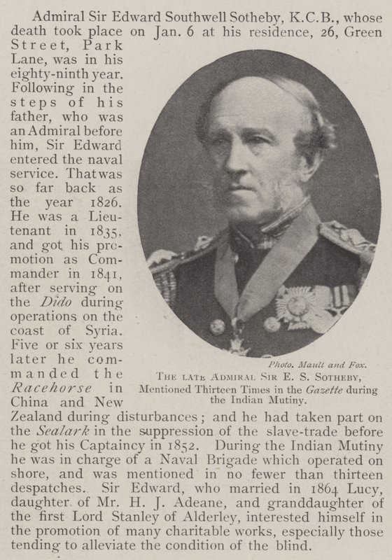 De overleden admiraal Sir E S Sotheby, dertien keer genoemd in de Gazette tijdens de Indiase opstand door English Photographer