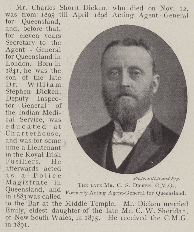 De overleden Mr C S Dicken, CMG, Voormalig Waarnemend Agent-Generaal voor Queensland door English Photographer