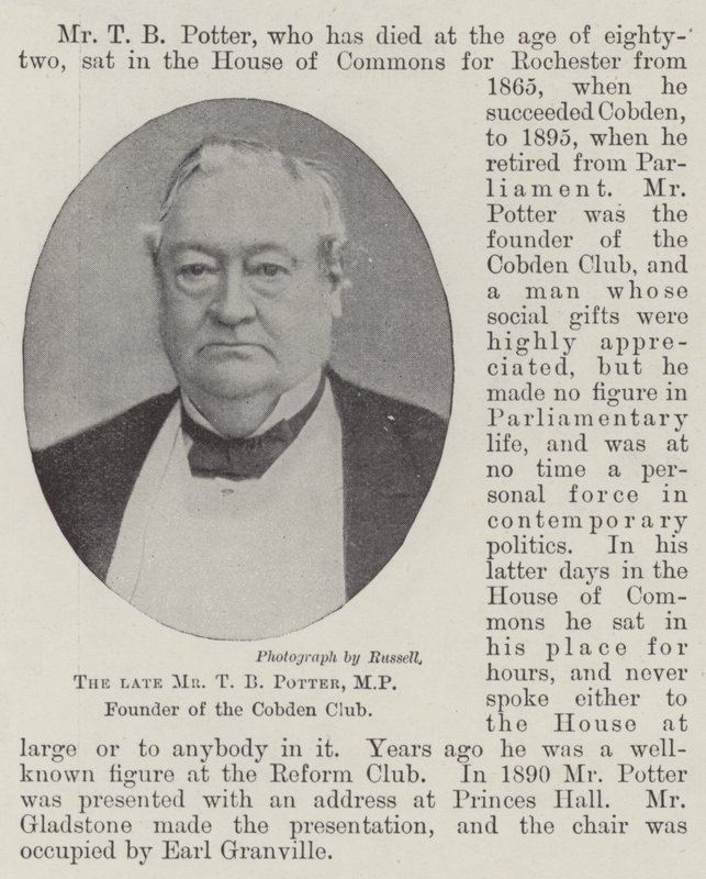 De overleden Mr T B Potter, MP, oprichter van de Cobden Club door English Photographer