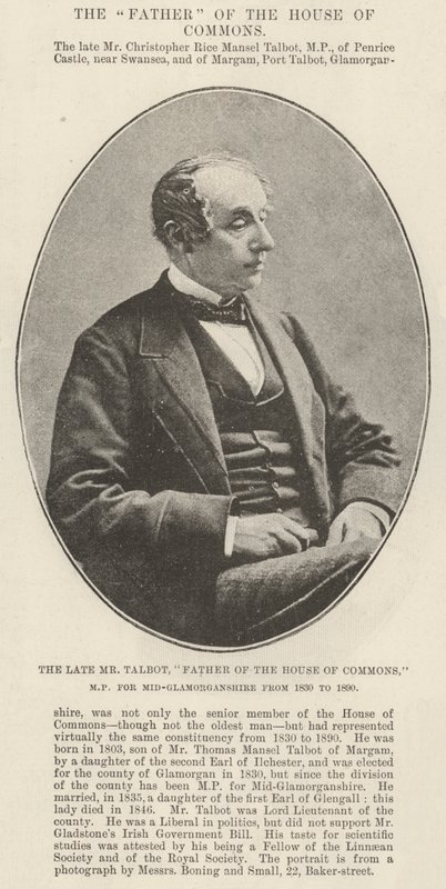 De wijlen meneer Talbot, vader van het Lagerhuis, parlementslid voor Mid-Glamorganshire van 1830 tot 1890 door English Photographer