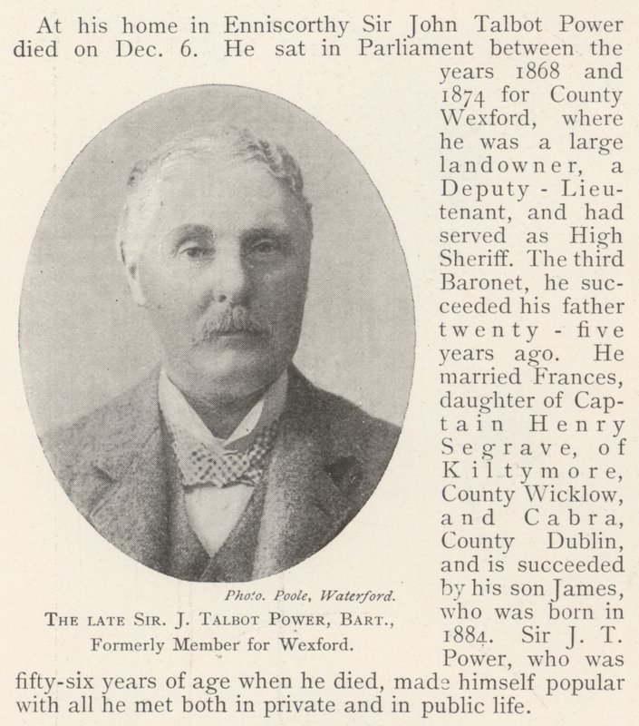 De overleden Sir J Talbot Power, baronet, voormalig lid voor Wexford door English Photographer