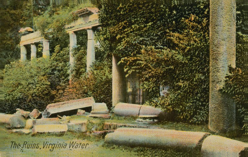 De ruïnes bij Virginia Water in Windsor Great Park, Engeland. Ansichtkaart verzonden in 1913 door English Photographer