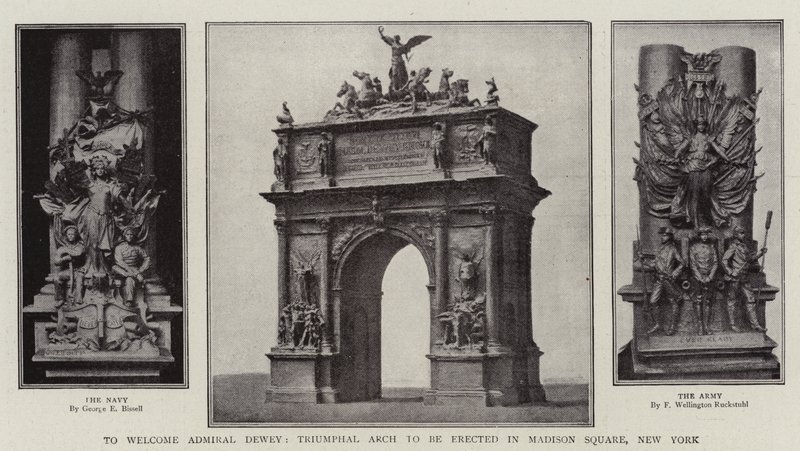 Om admiraal Dewey te verwelkomen, triomfboog die wordt opgericht op Madison Square, New York door English Photographer