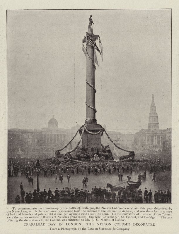 Trafalgar Day in Londen, de Nelson-zuil versierd door English Photographer