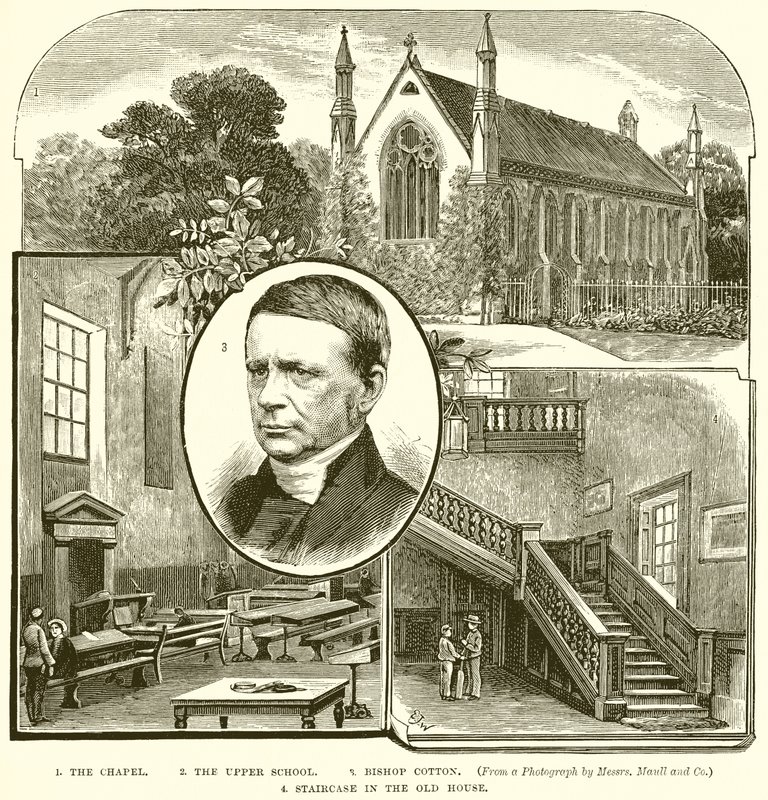 1. De Kapel. 2. De Bovenste School. 3. Bisschop Cotton. 4. Trap in het Oude Huis door English School