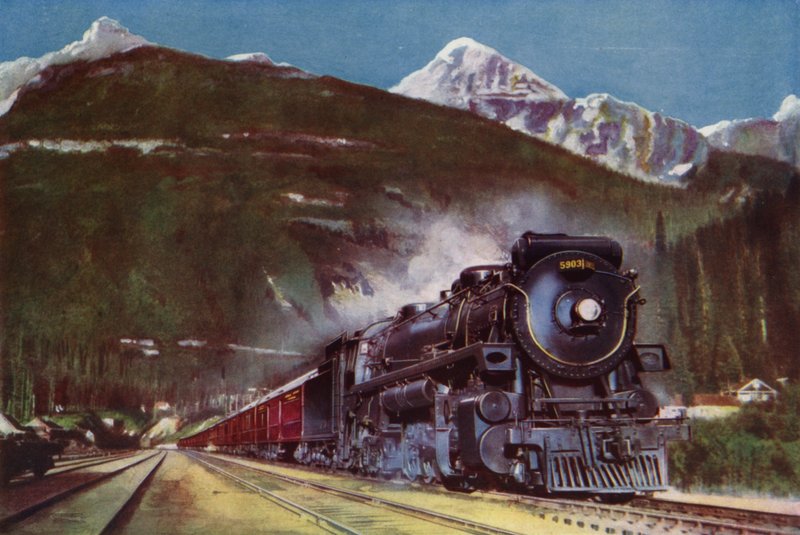 2-10-4 stoomlocomotief van de Canadian Pacific Railway aan de voet van de Rocky Mountains, Canada door English School