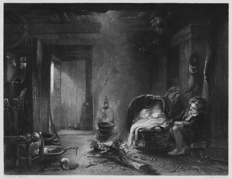 Een Hoogland Cottage, van het schilderij in de Vernon Gallery (gravure) door English School