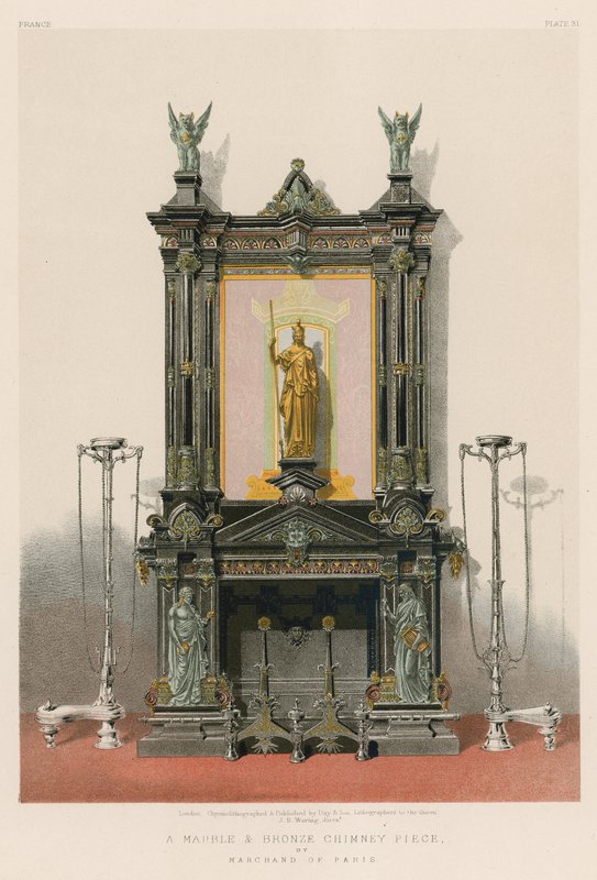 Een marmeren en bronzen schoorsteenstuk door Marchand uit Parijs (chromolitho) door English School