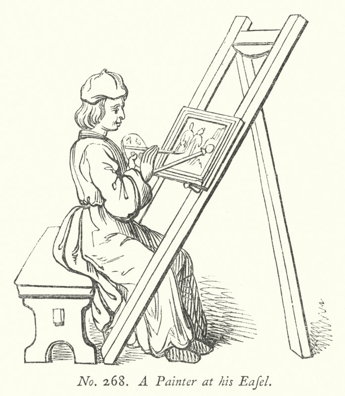 Een schilder aan zijn ezel (gravure) door English School