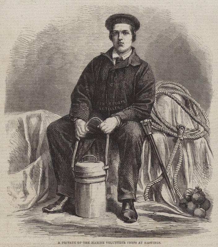 Een soldaat van het Marine Volunteer Corps in Hastings (gravure) door English School