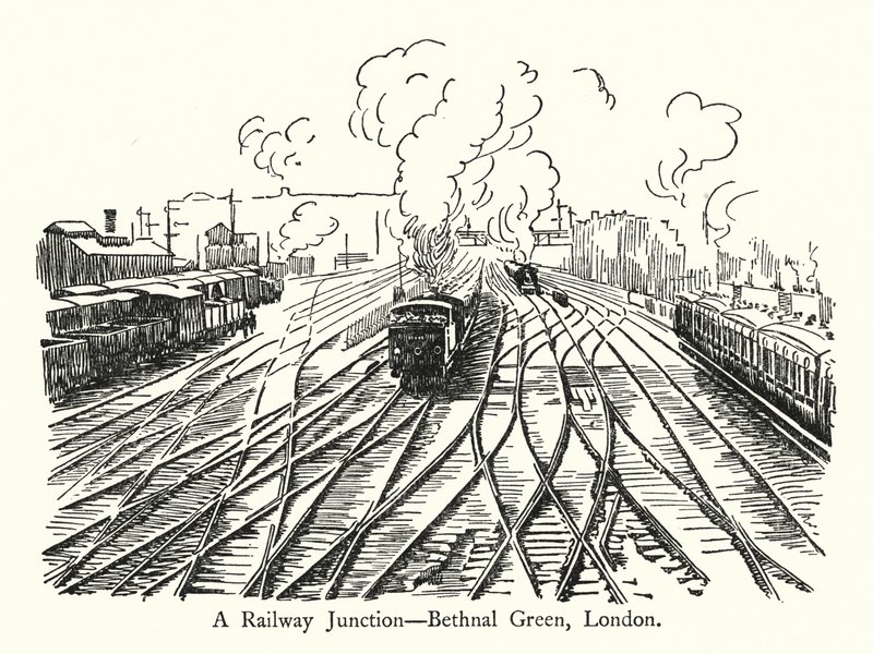 Een Spoorwegknooppunt, Bethnal Green, Londen (litho) door English School