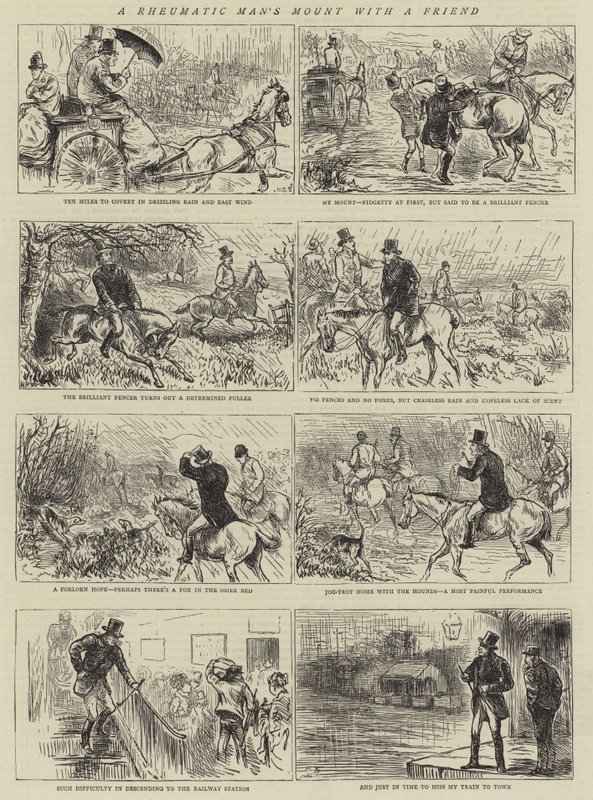 Een reumatische man op een paard met een vriend (gravure) door English School