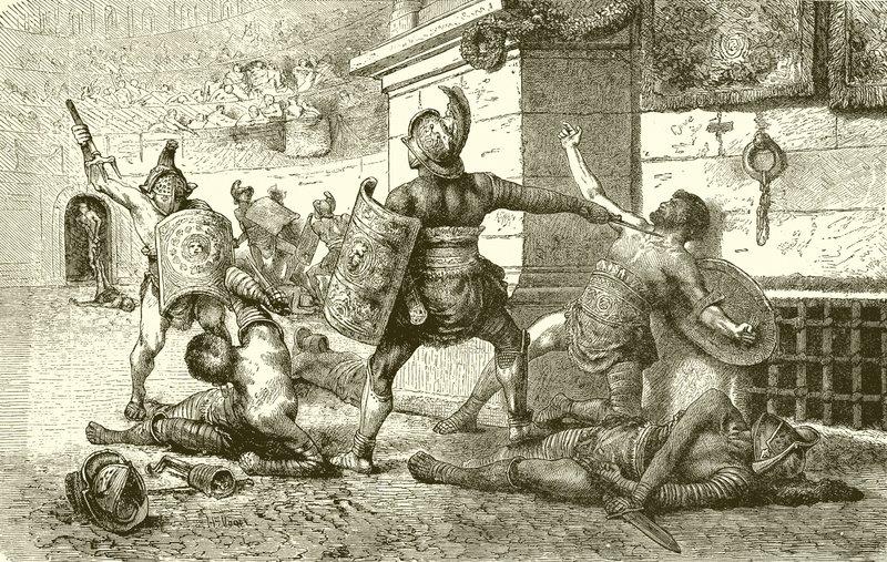 Een Romeinse feestdag. Gevecht van gladiatoren. De overwonnenen smeken de toeschouwers door English School