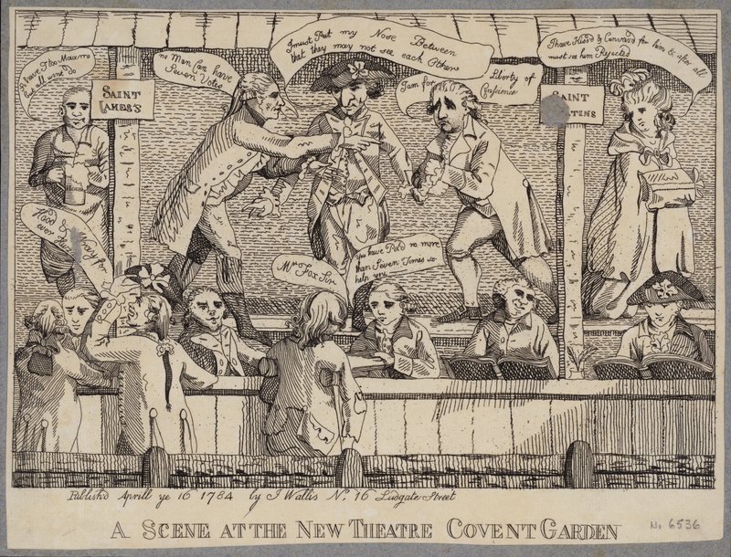 Een scène in het New Theatre, Covent Garden: satire die een politieke bijeenkomst in Covent Garden, Londen afbeeldt door English School