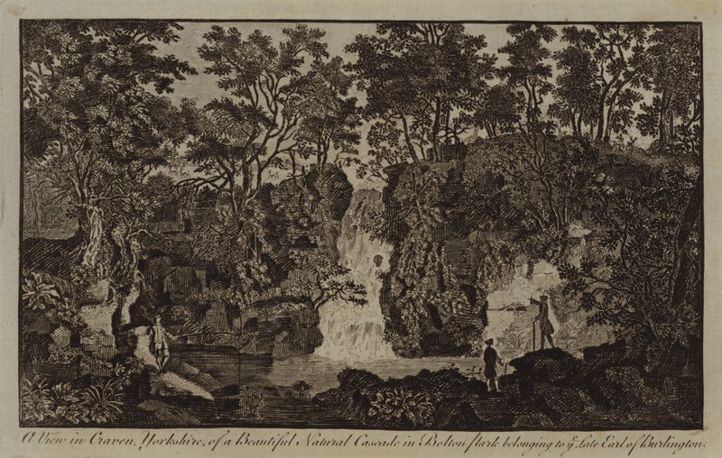 Een uitzicht in Craven, Yorkshire, van een prachtige natuurlijke waterval in Bolton Park behorend tot de wijlen graaf van Burlington (gravure) door English School