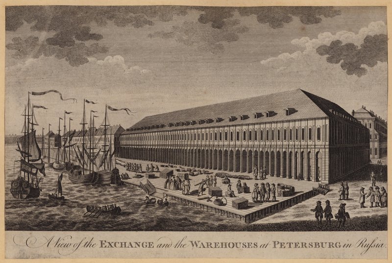 Een uitzicht op de beurs en de pakhuizen in Petersburg in Rusland (gravure) door English School