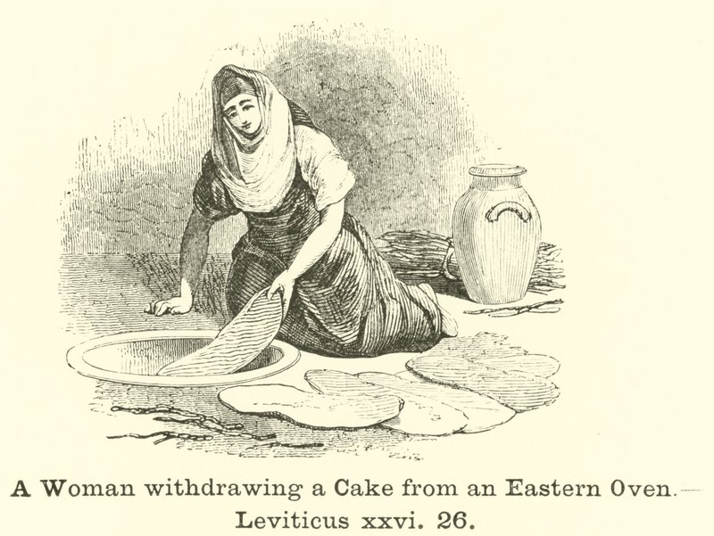 Een vrouw die een cake uit een oosterse oven haalt door English School