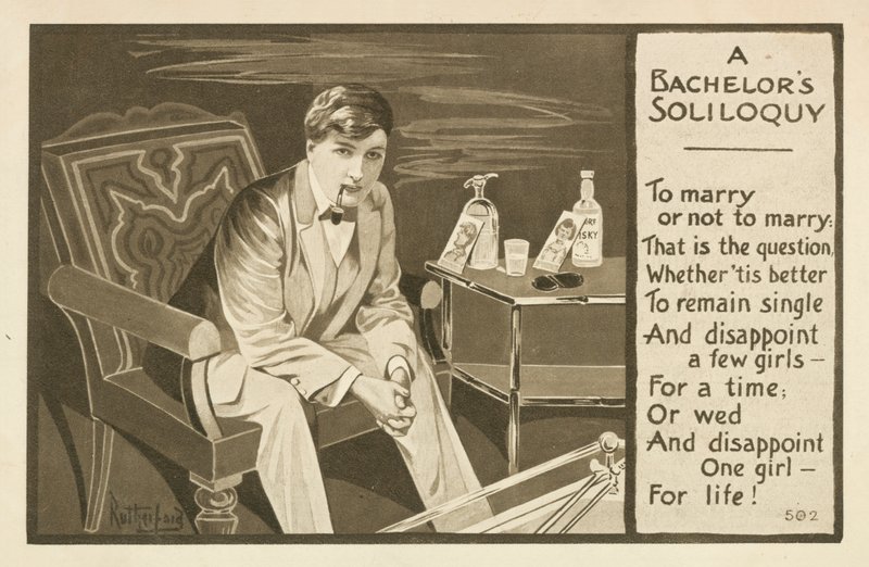 De soliloquy van een vrijgezel. Trouwen of niet trouwen (litho) door English School