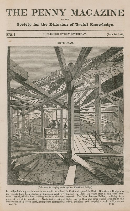 Een coffer dam voor het uitvoeren van de reparatie van Blackfriars Bridge door English School