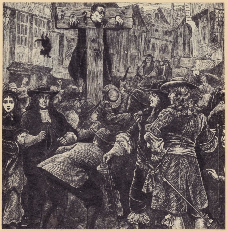Een menigte verzameld voor een man die in de schandpaal staat door English School