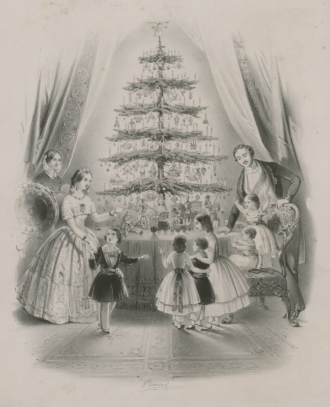 Een familie rond een kerstboom door English School