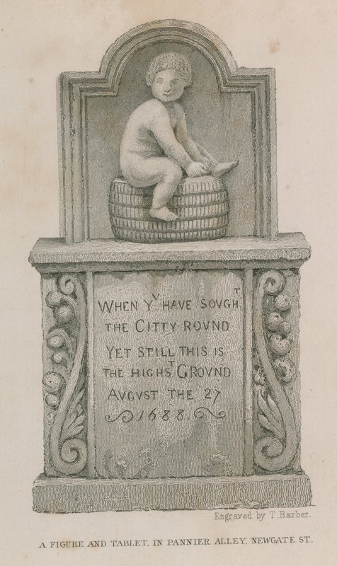 Een figuur en tablet in Pannier Alley, Newgate Street door English School