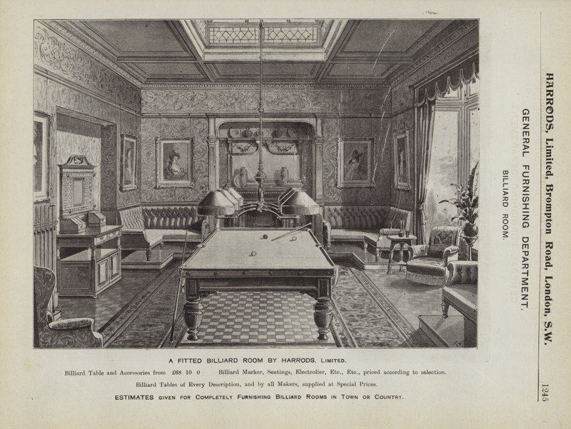 Een ingerichte biljartkamer door Harrods door English School