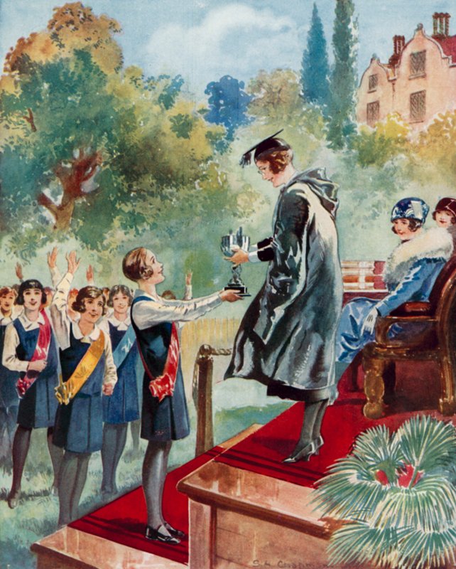 Een overwinning in de vierde klas: een schoolmeisje krijgt een trofee door English School