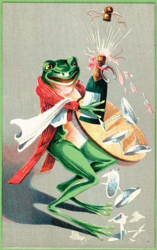 Een kikker die een dienblad met glazen en een champagnefles draagt door English School