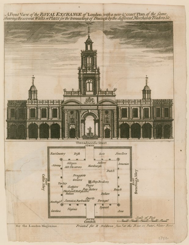 Een vooraanzicht van de Royal Exchange van Londen met een nieuwe en exacte plattegrond van hetzelfde door English School