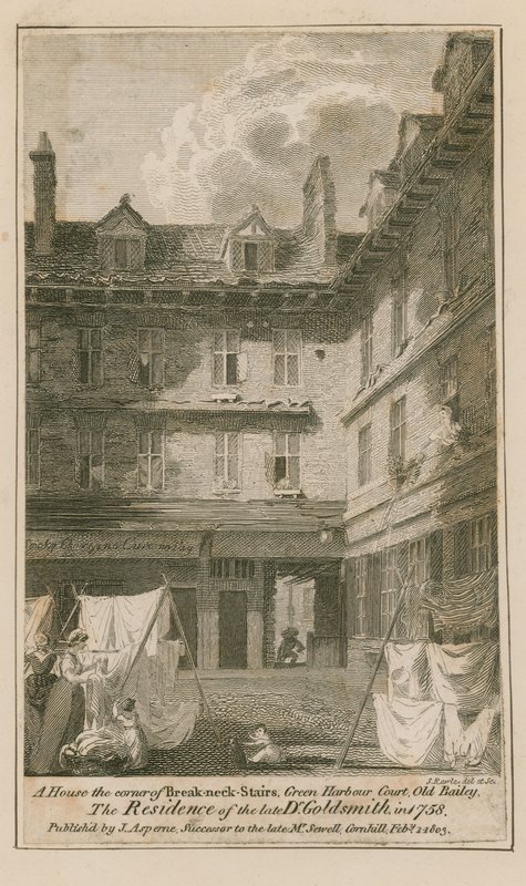 Een huis op de hoek van Breakneck Stairs, Green Harbour Court, Old Bailey, Londen door English School