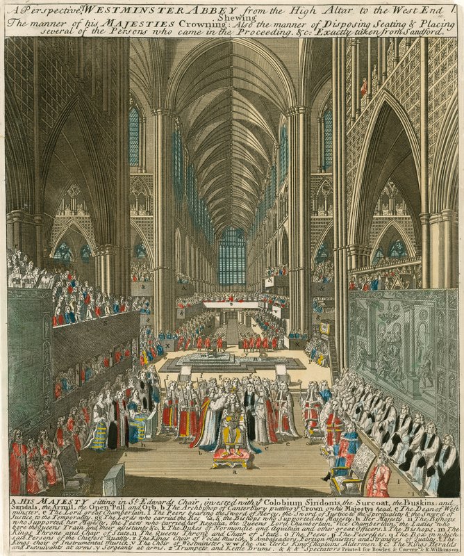 Een perspectief van Westminster Abbey vanaf het Hoofdaltaar tot het Westelijke Eind bij de kroning van Koning Jacobus II door English School