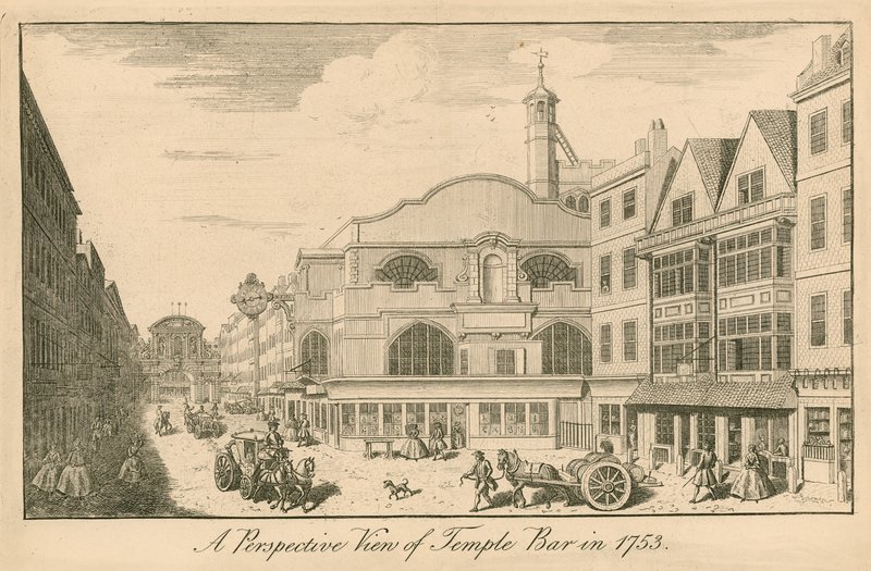 Een perspectivisch uitzicht op Temple Bar, Londen, in 1753 door English School