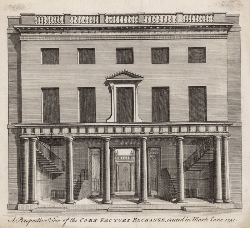 Een perspectief van de Graanhandelaarsbeurs, opgericht in Mark Lane 1751 door English School