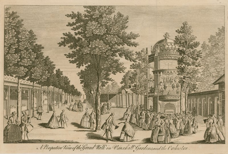 Een perspectivisch uitzicht op de Grote Wandelgang in Vauxhall Gardens, Londen, en het Orkest door English School