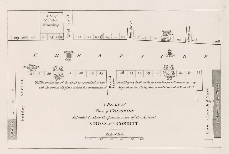 Een plan van Cheapside, Londen, bedoeld om de precieze locaties van het oude kruis en de waterleiding te tonen door English School