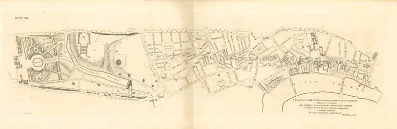 Een plan van Hyde Park en een deel van de City of London, met een positie voor een koninklijk paleis door English School